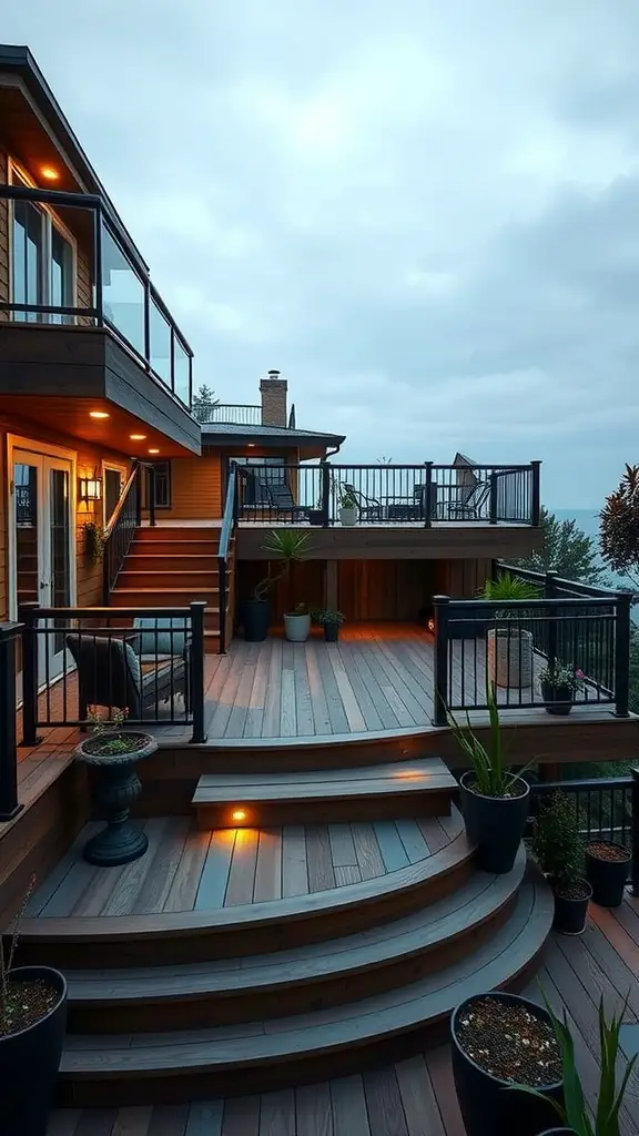 15 Stunning Composite Deck Ideas for Your Outdoor Space 4 Elegant multi-level deck with soft lighting and planters