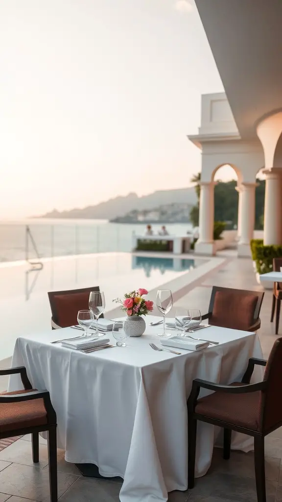 Elegant outdoor dining setup next to a pool with a stunning view.