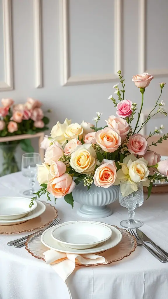 A beautifully set table with pastel roses as centerpiece.