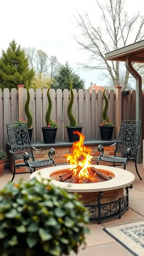 Elegant patio fire pit setup with seating and greenery