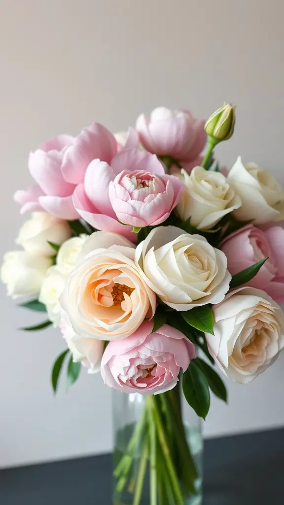 21 Stunning Spring Wedding Bouquet Ideas You’ll Love 5 A bouquet featuring a mix of pink and white peonies and roses in a clear vase