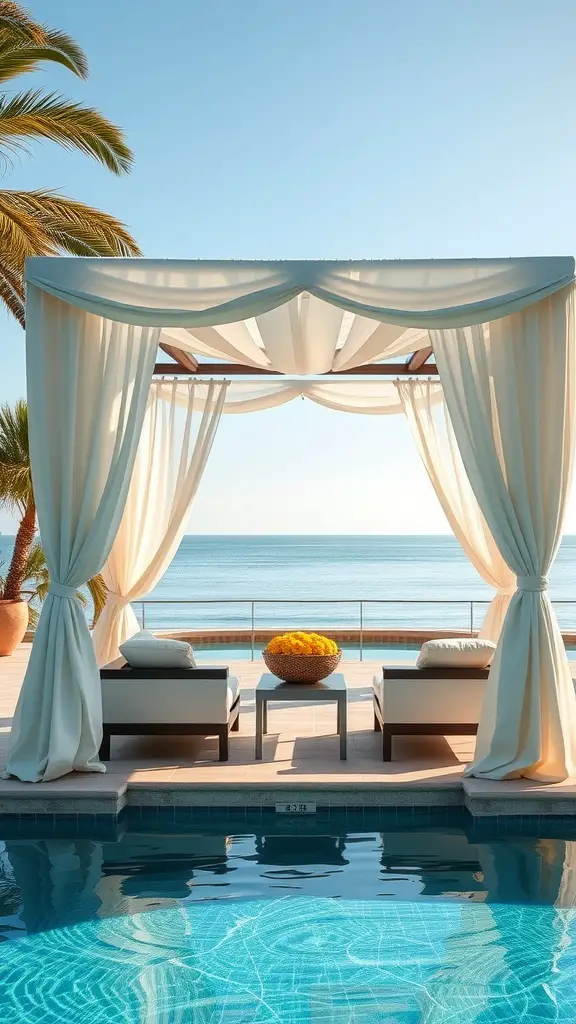 Elegant poolside cabana with two chairs and a view of the ocean