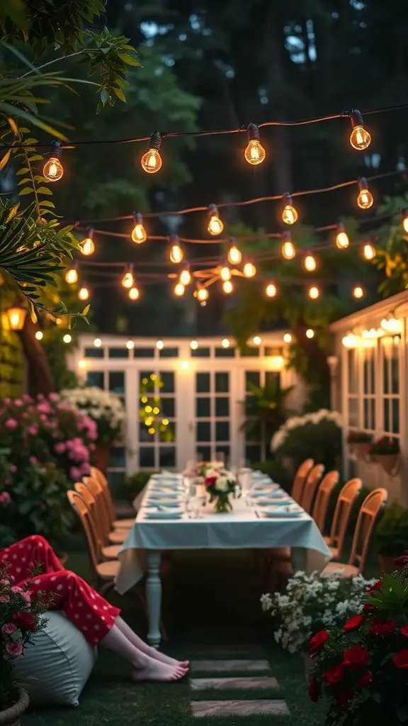 A garden party setup with string lights hanging over a decorated table, surrounded by flowers.