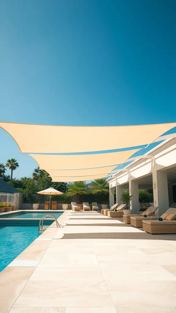 A pool deck featuring elegant sun shading structures over lounge chairs and a swimming pool.