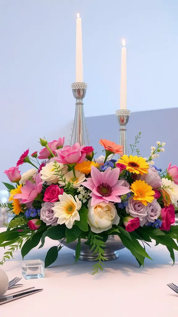 Elegant floral centerpiece with candles for Mother's Day decoration