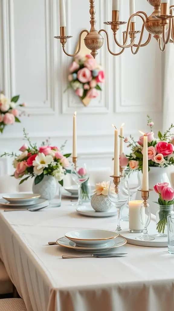 An elegant dining table setting with flowers, candles, and fine china