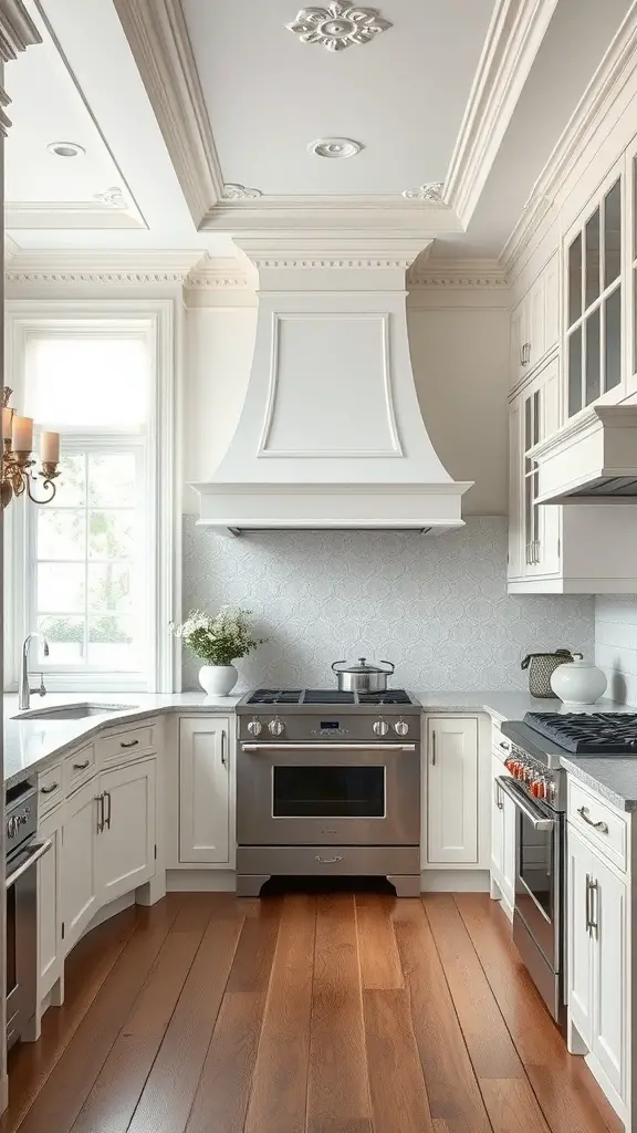 Elegant white kitchen featuring crown molding, gray countertops, and stainless steel appliances.