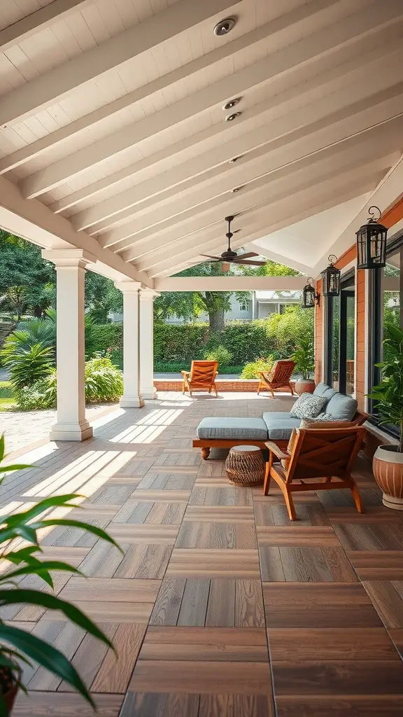 Covered patio with wooden deck and lounging areas
