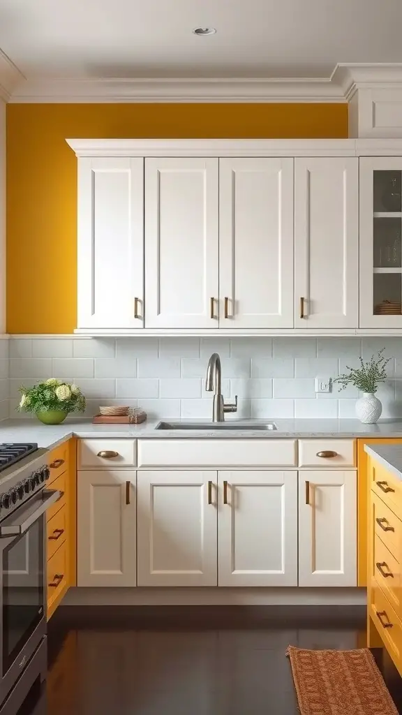 A bright kitchen featuring elegant yellow and white two-tone cabinets with brass handles.