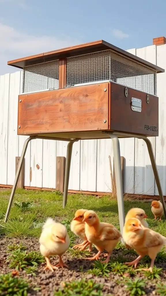 An elevated chicken brooder with legs and chicks around it in a grassy area.