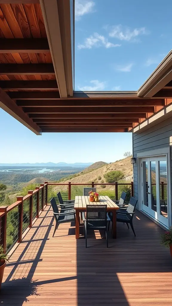17 Inspiring Multi-Level Deck Ideas for Your Outdoor Space 5 A spacious elevated deck with a dining table, surrounded by a beautiful landscape and mountains in the distance.