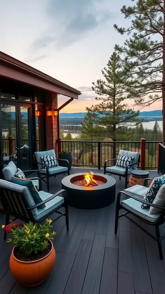 19 Stunning Two-Level Deck Ideas for Your Home 9 An elevated deck area with a fire pit surrounded by chairs and a view of the outdoors.