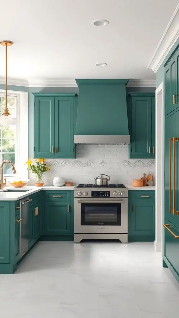 A kitchen featuring emerald green cabinets with light gray accents, gold hardware, and a bright ambiance.