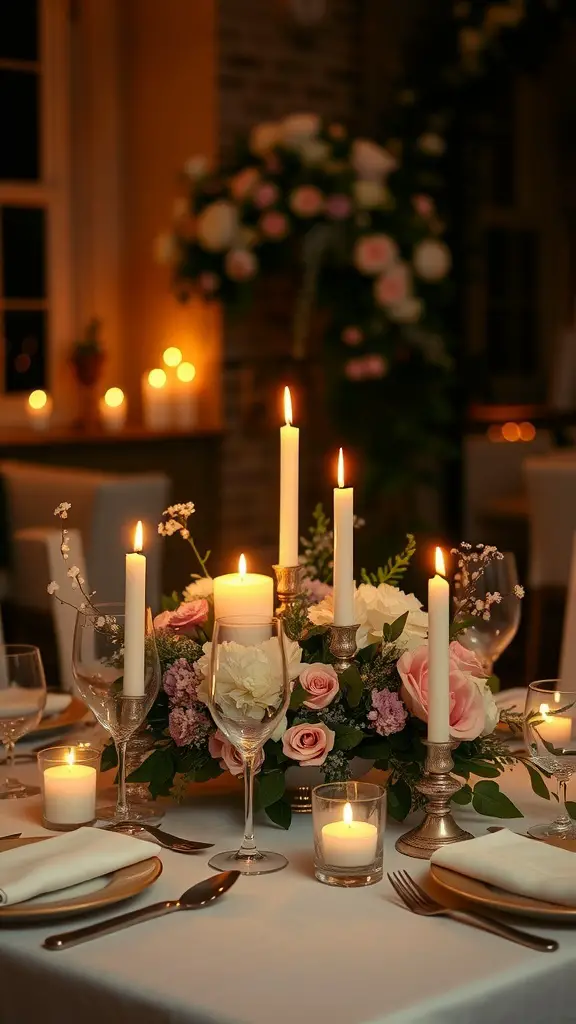 A beautifully set candlelit dinner table with floral arrangements and flickering candles.