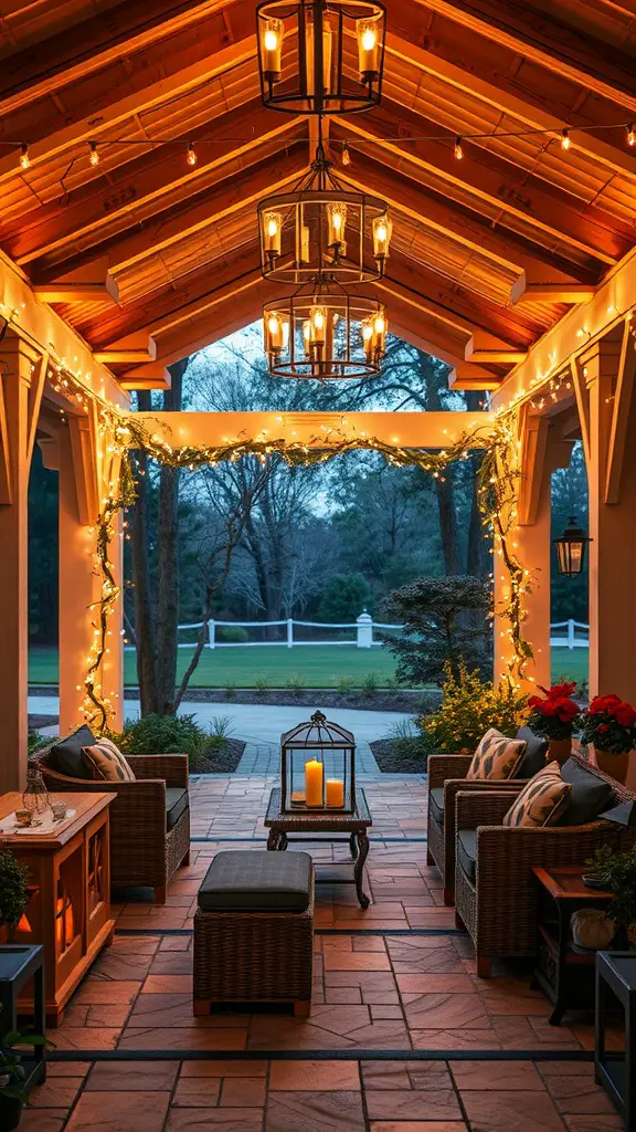 Cozy patio featuring string lights and comfortable seating, creating a warm and inviting atmosphere.