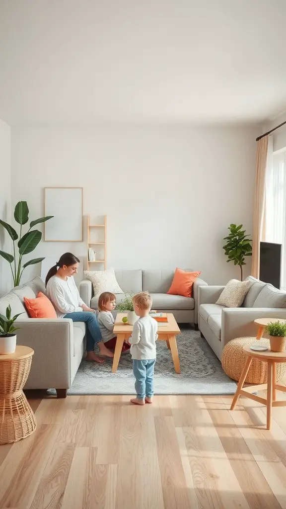 A cozy living room with a mother and two children interacting around a small table, featuring soft couches and warm colors.