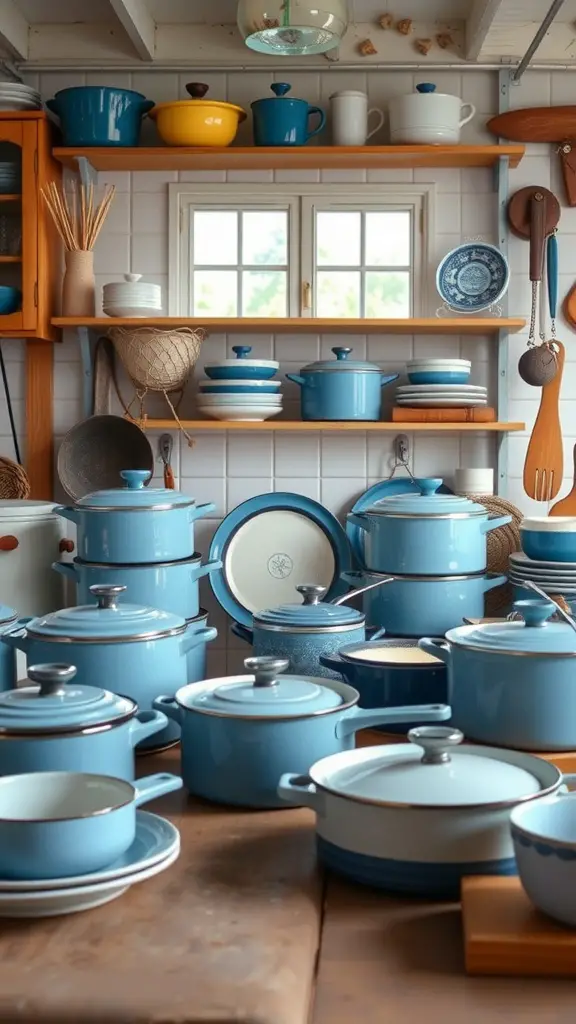 A collection of blue and white cookware displayed in a rustic kitchen, showcasing various pots and utensils.