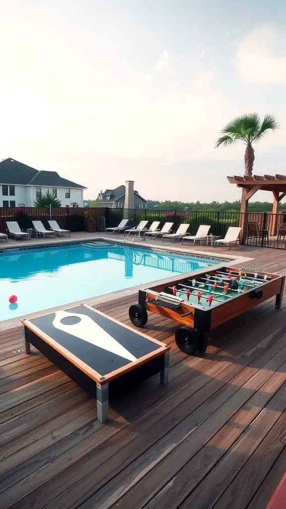 A deck area next to an above-ground pool featuring a foosball table and a cornhole game.