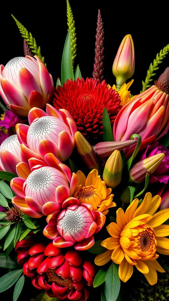 17 Stunning Summer Wedding Bouquet Ideas You’ll Love 12 A vibrant bouquet featuring proteas, sunflowers, tulips, and other exotic flowers, ideal for a summer wedding.