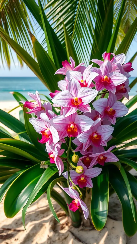 33 Stunning Summer Wedding Flower Ideas You’ll Love 4 A close-up of pink orchids surrounded by lush green leaves with a tropical beach in the background.