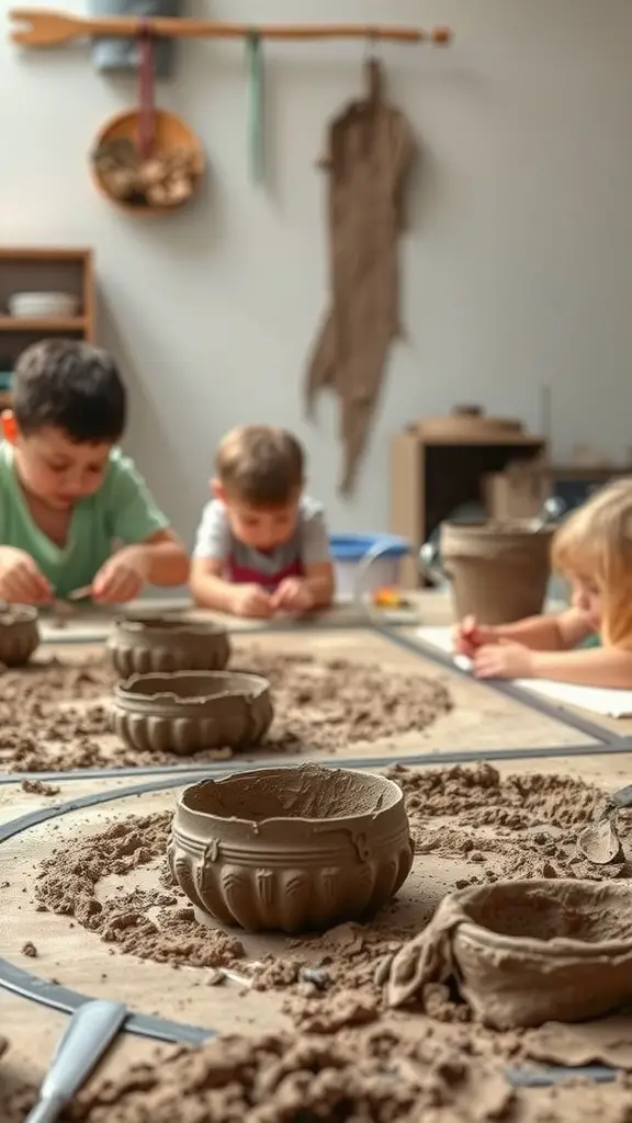 25 Creative Mud Kitchen Ideas for Kids to Inspire Imaginative Play 17 Children engaging in a mud kitchen workshop, creating clay bowls and enjoying hands-on play.