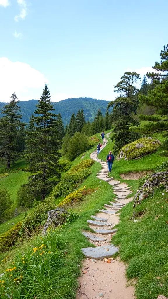 21 Must-Do Summer Bucket List Ideas for Your Best Season Yet 14 A winding trail through green hills with hikers enjoying the scenery