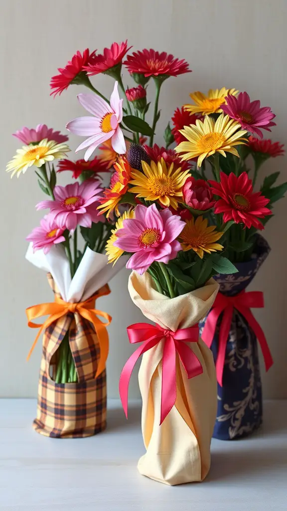 Three fabric-wrapped vases with colorful flowers, showcasing different fabric patterns and ribbons.