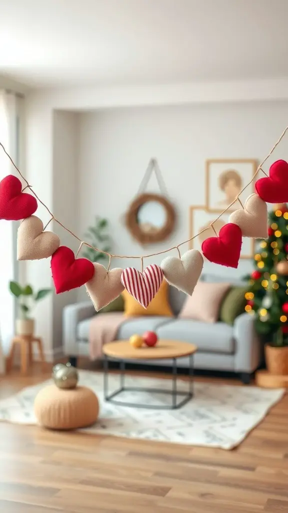 A decorative fabric heart garland hanging in a cozy living room