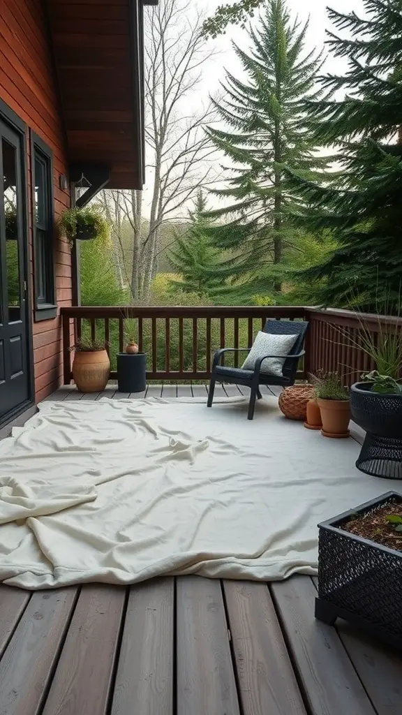 19 Creative Deck Skirting Ideas for Your Outdoor Space 11 A cozy deck area featuring a cream-colored fabric laid out on wooden flooring, surrounded by potted plants and a chair.
