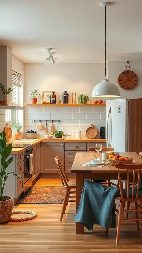 27 Cozy Kitchen Ideas to Warm Up Your Space 30 A warm, inviting kitchen featuring a dining table, open shelves, and plants, designed for family gatherings.