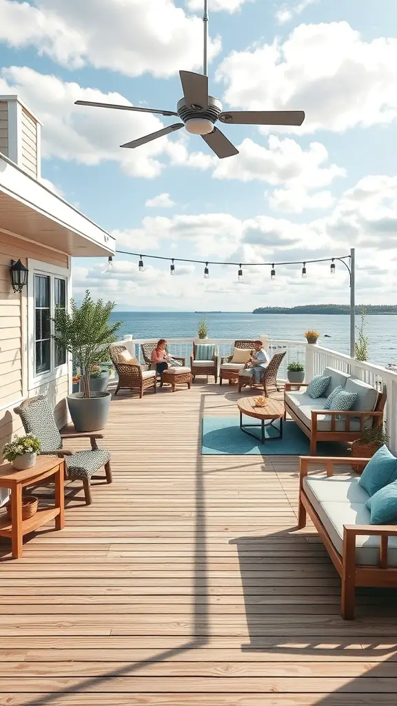 27 Inspiring Outdoor Deck Ideas You'll Love 11 A spacious, family-friendly outdoor deck with seating and a view of the water