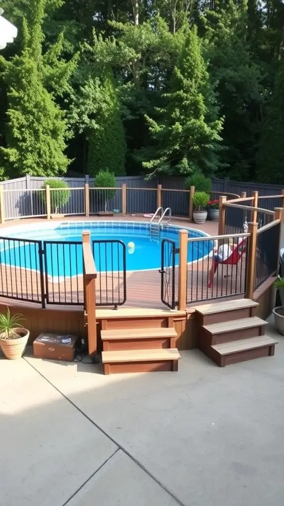 Above-ground pool with a wooden deck, surrounded by a safety fence and greenery.