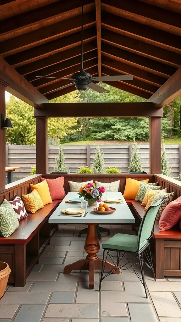 An outdoor kitchen banquette featuring colorful cushions, a central table with plates and fruits, and a ceiling fan.