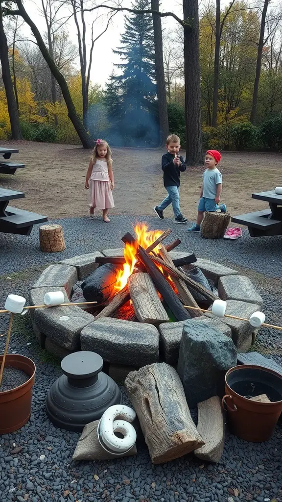 A family-friendly fire pit with children playing nearby, surrounded by log seating and roasting supplies.