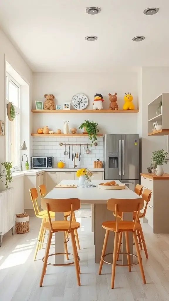 A bright, family-friendly kitchen with orange accent chairs, playful decor, and a spacious central table.