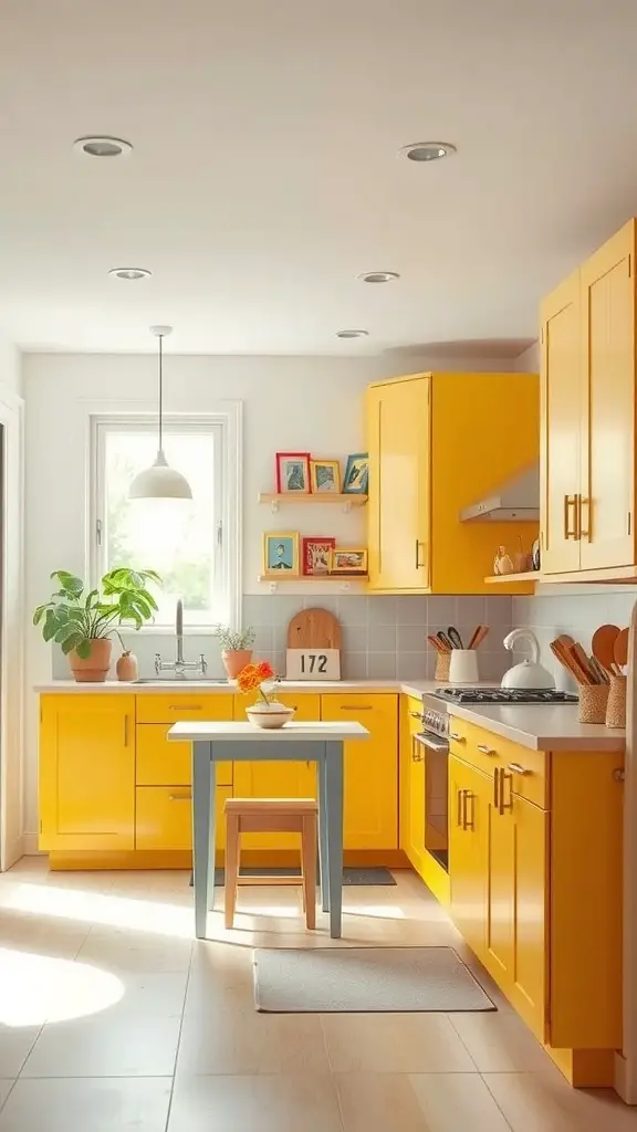 A bright yellow kitchen with cabinets, a small blue table, and potted plants.