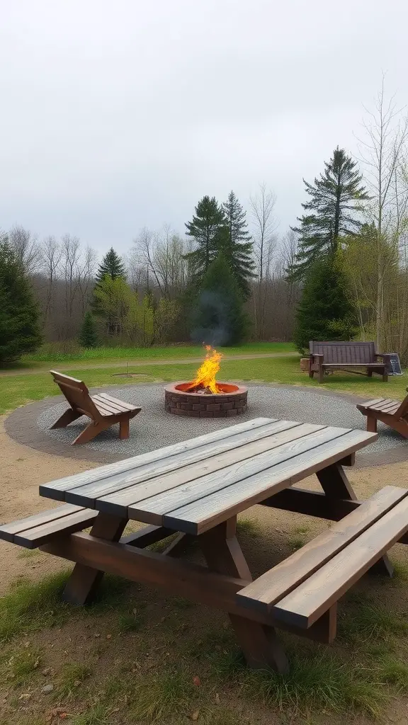 A picnic table near a fire pit in a natural setting