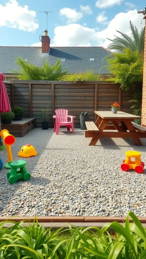 15 Creative Pea Gravel Patio Ideas for Your Outdoor Space 9 Family-friendly play zone with pea gravel patio, toys, and picnic table