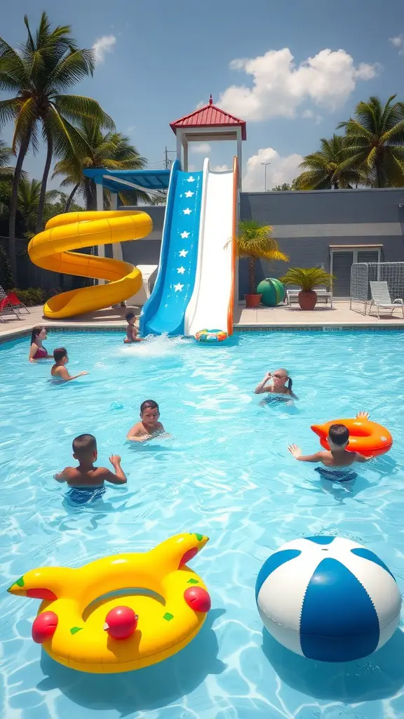 A family-friendly pool featuring a water slide, with children playing and floating toys in the water.