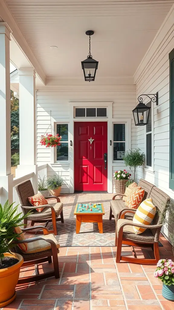 19 Stunning Front Porch Inspiration Ideas for Your Home 13 A welcoming front porch with a red door, chairs, colorful cushions, and potted plants.
