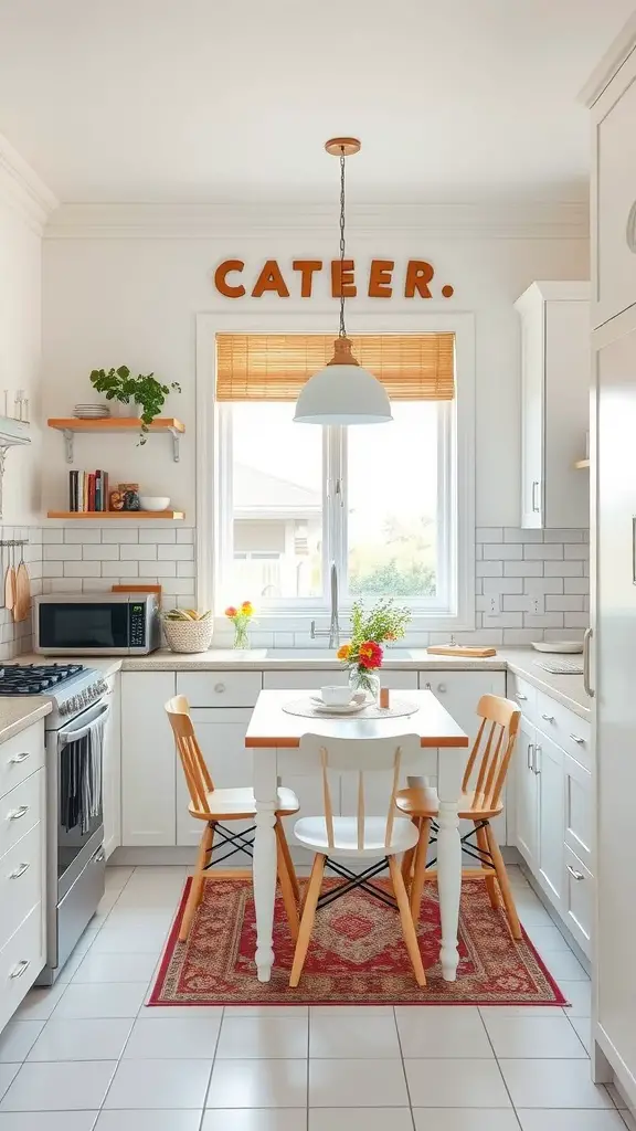 A family-friendly white kitchen featuring a cozy dining nook with a small table, bright chairs, and natural light coming through the window.