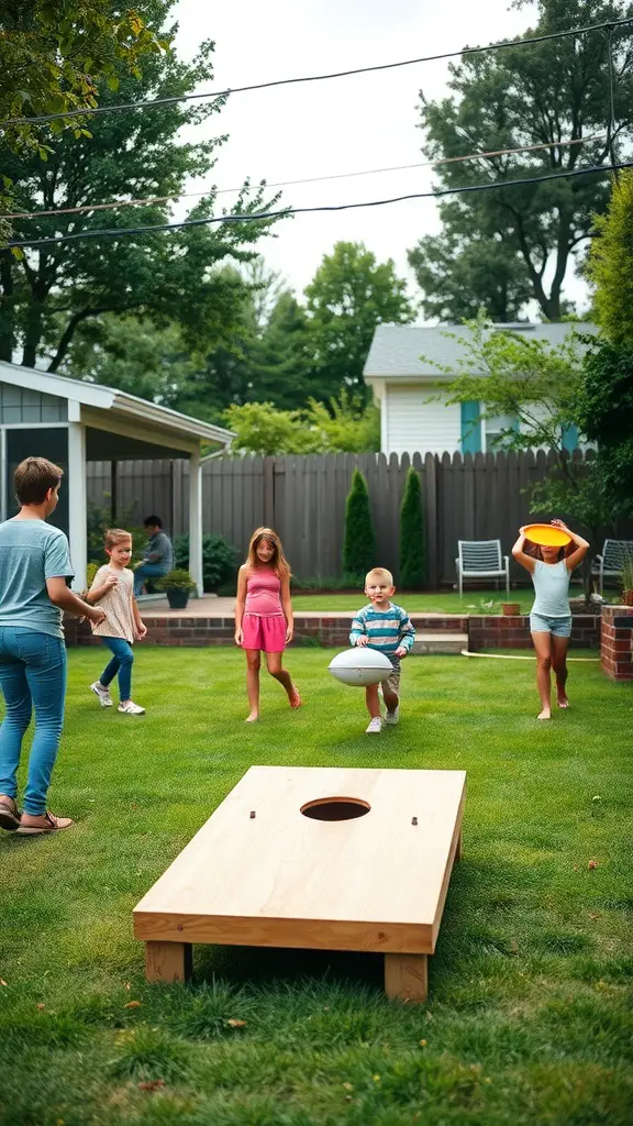 Children playing games in a backyard, with a cornhole board in the foreground.