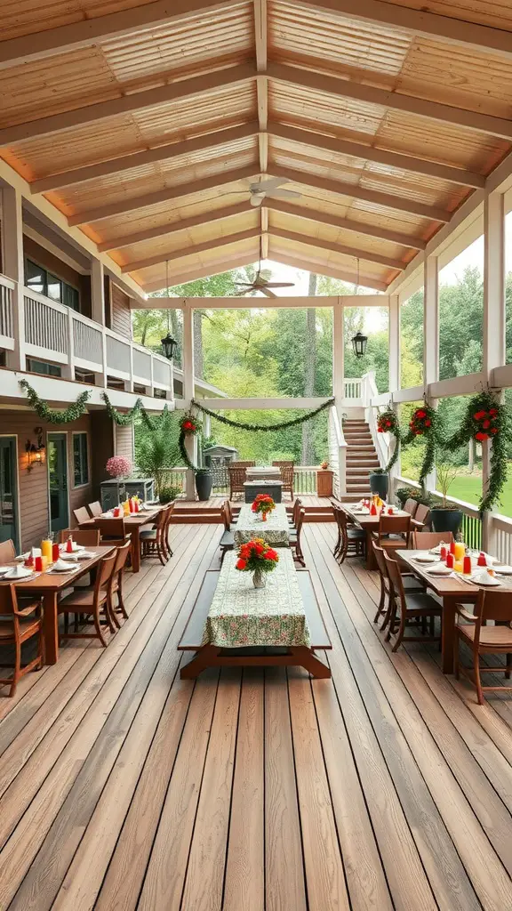 17 Inspiring Multi-Level Deck Ideas for Your Outdoor Space 12 A spacious multi-level deck set up for family gatherings with tables, chairs, and decorations.