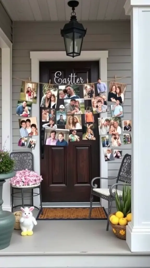 A front porch decorated with family photos hanging on a string, flowers, and Easter-themed decor.