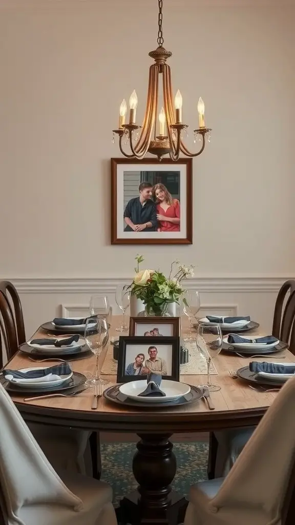 A dining table set for Mother's Day dinner featuring family photo displays and floral centerpiece.