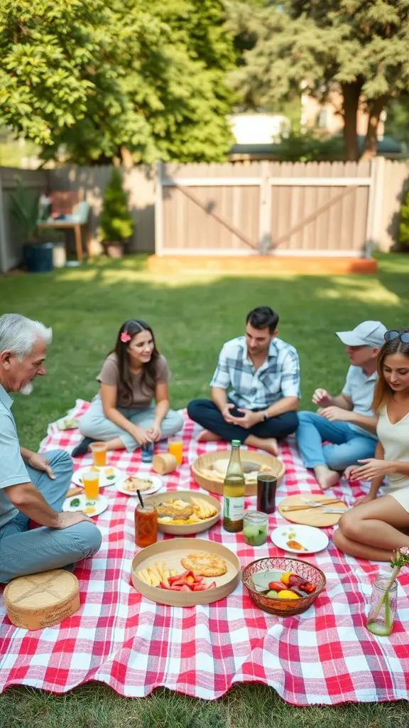 A family enjoying a picnic on a red and white checkered blanket in a backyard