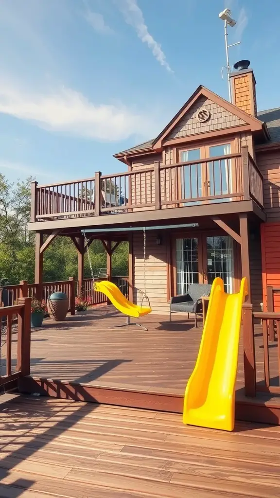 17 Inspiring Multi-Level Deck Ideas for Your Outdoor Space 2 A multi-level deck featuring a yellow slide and a swing, creating a family play zone.