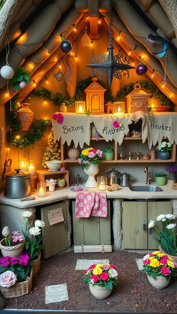 25 Creative Mud Kitchen Ideas for Kids to Inspire Imaginative Play 16 A cozy Fantasy Fairy Mud Kitchen decorated with flowers and fairy lights, inviting children to explore and create.