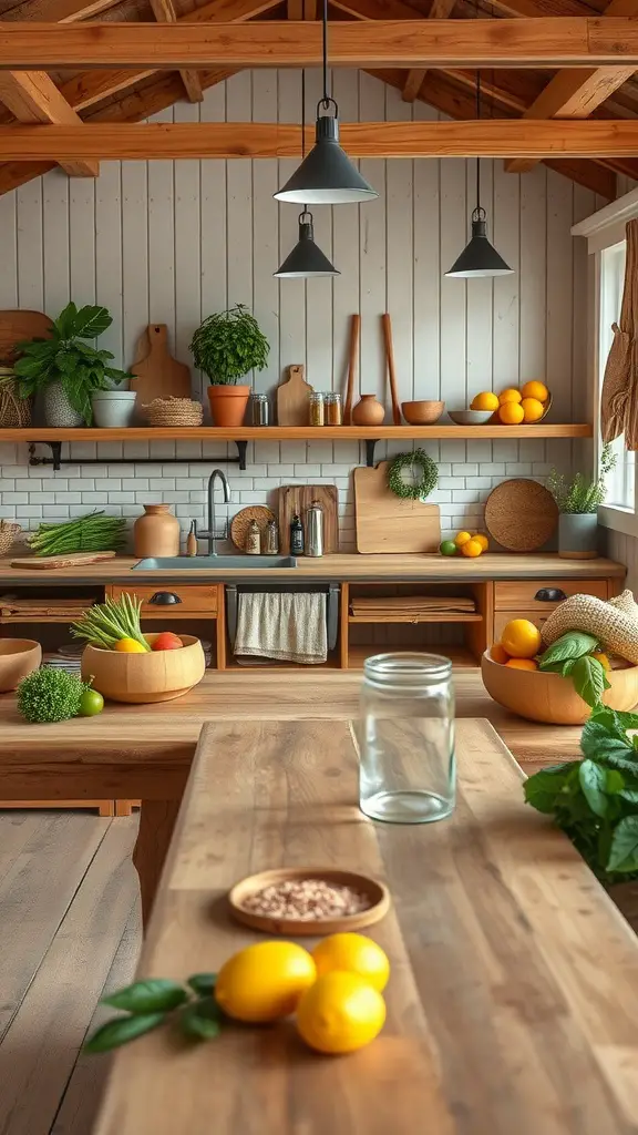 A cozy kitchen with wooden shelves filled with fresh vegetables and fruits, embodying farm-to-table inspiration.