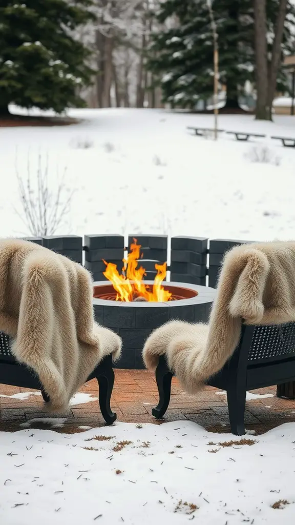 Two chairs with faux fur throws beside a fire pit in a snowy outdoor setting.